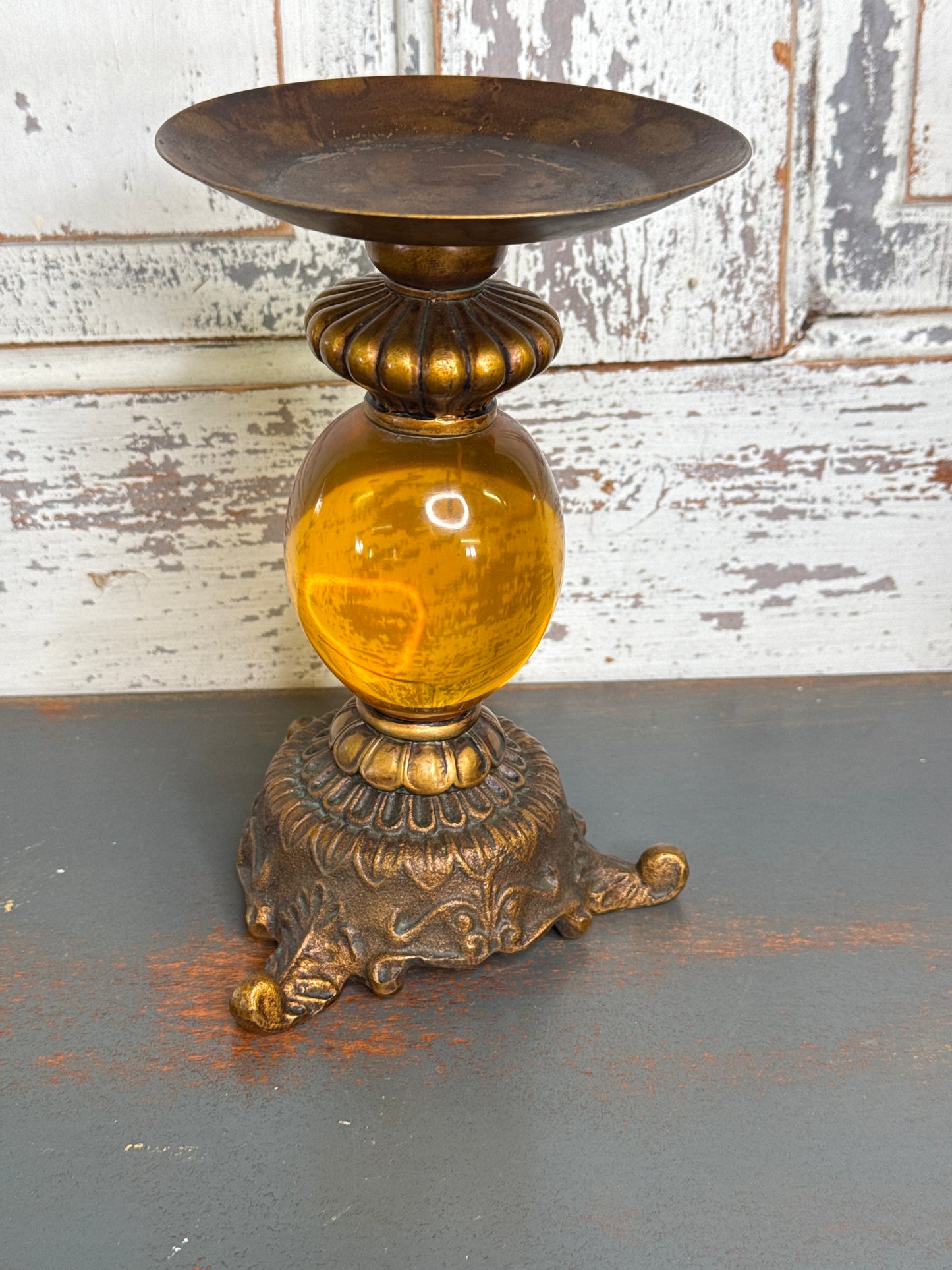 Vintage Candle Holder, Yellow Glass with Bronze (A1)