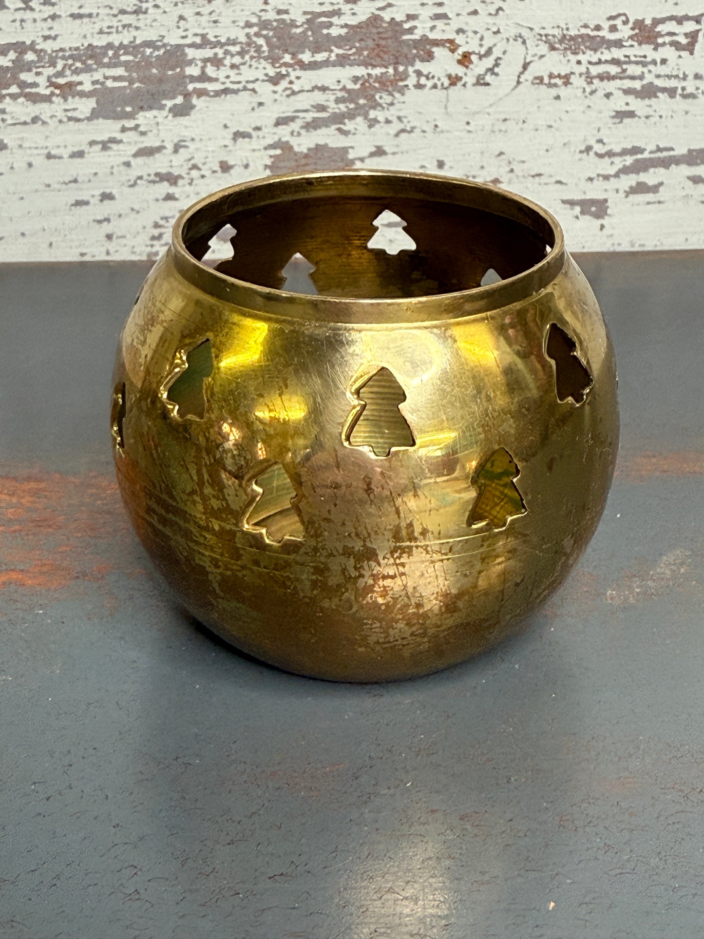 Vintage Brass Votive Holder with Tree Cutouts (A1)