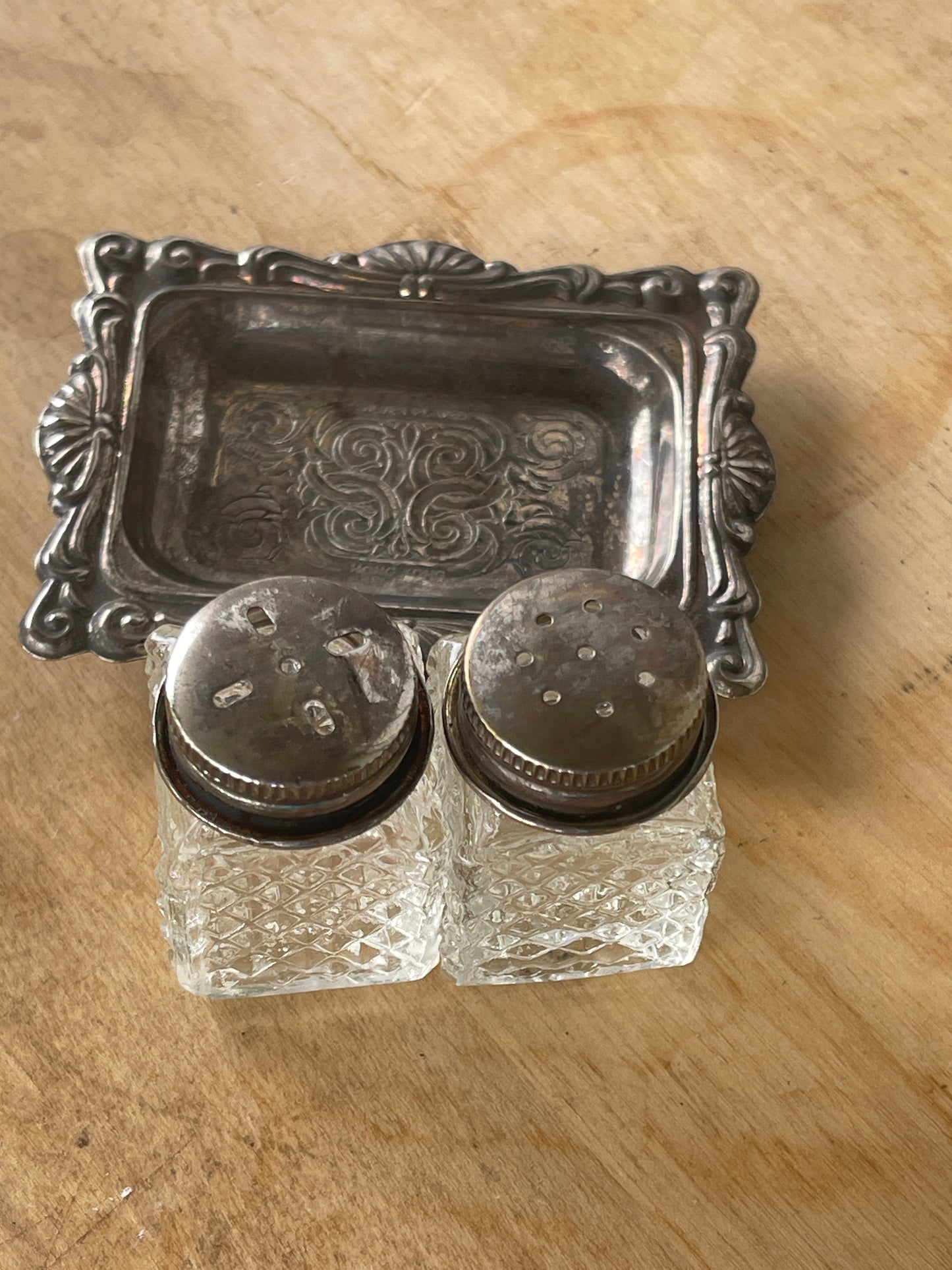 Silver Plated Tiny Tray with Glass Salt and Pepper Shakers - Hong Kong