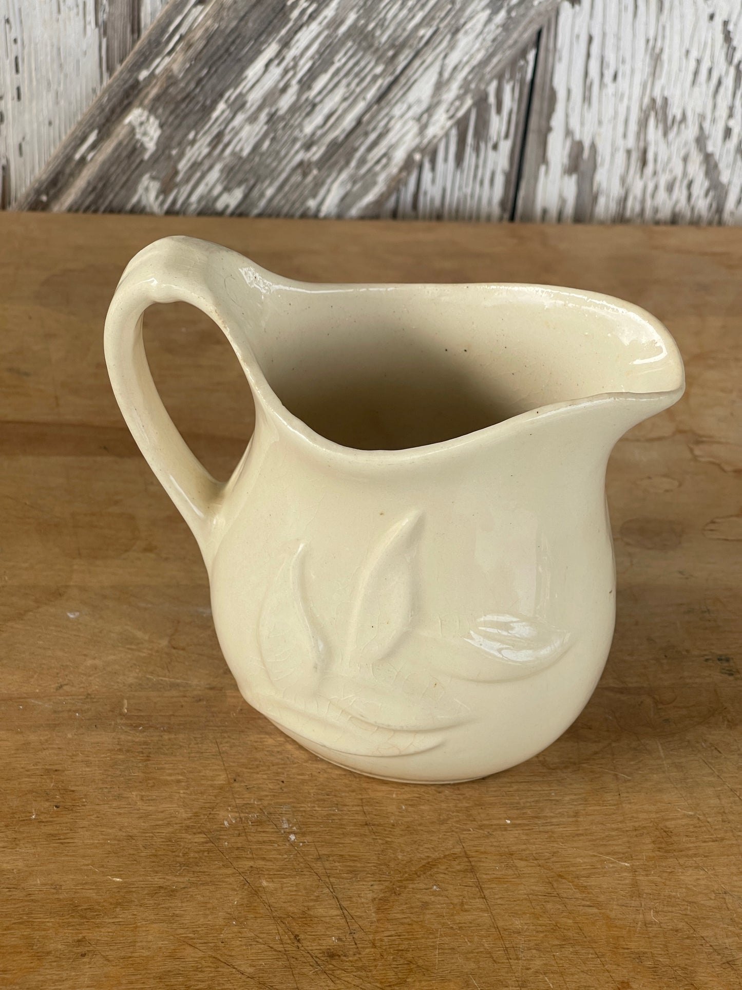 Vintage Ivory Ceramic Farm Leaf Design Milk Pitcher