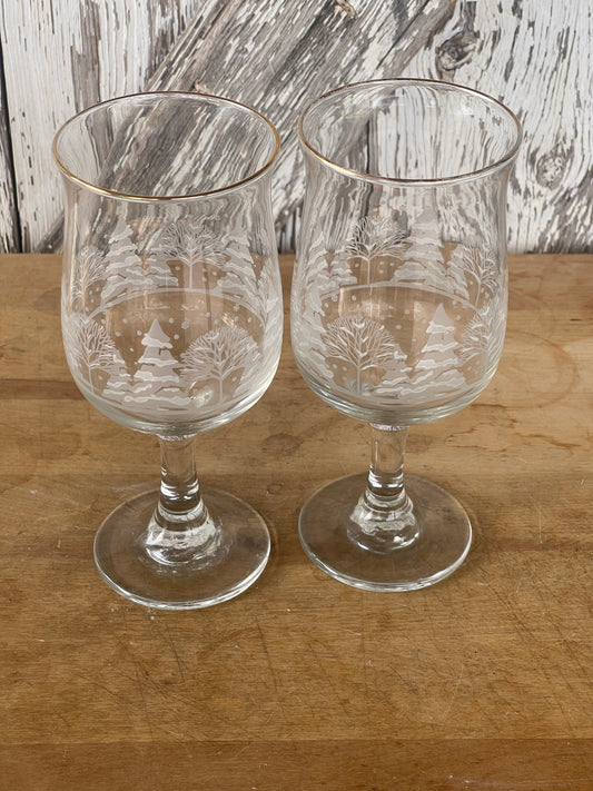 Vintage Libbey Winter Wonderland Trees Wine Glasses (Set of 2)