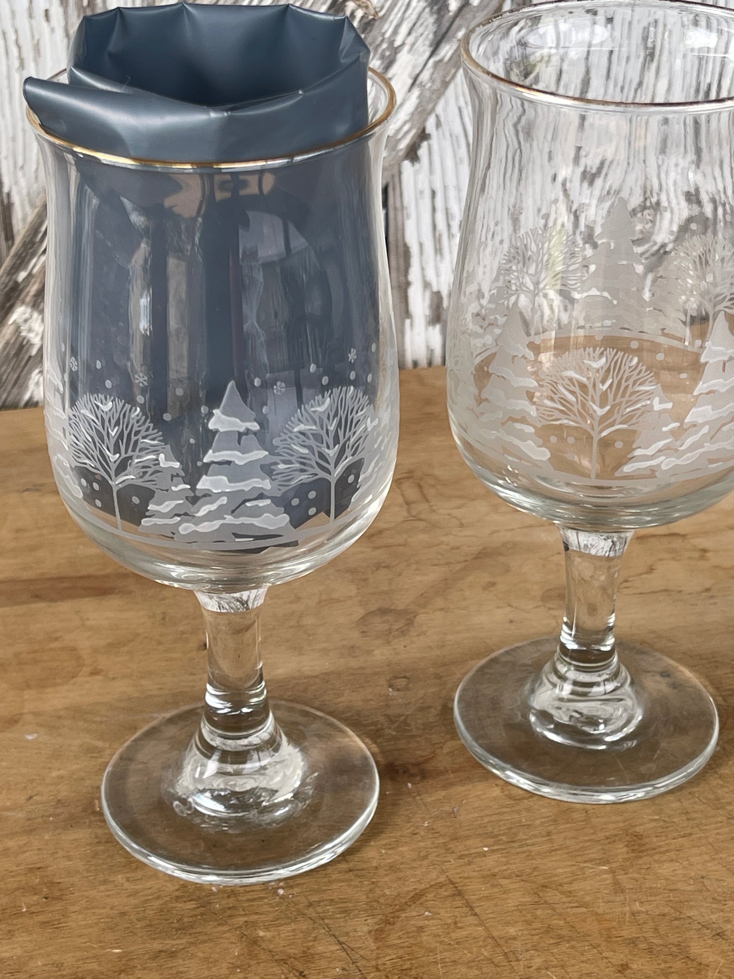 Vintage Libbey Winter Wonderland Trees Wine Glasses (Set of 2)