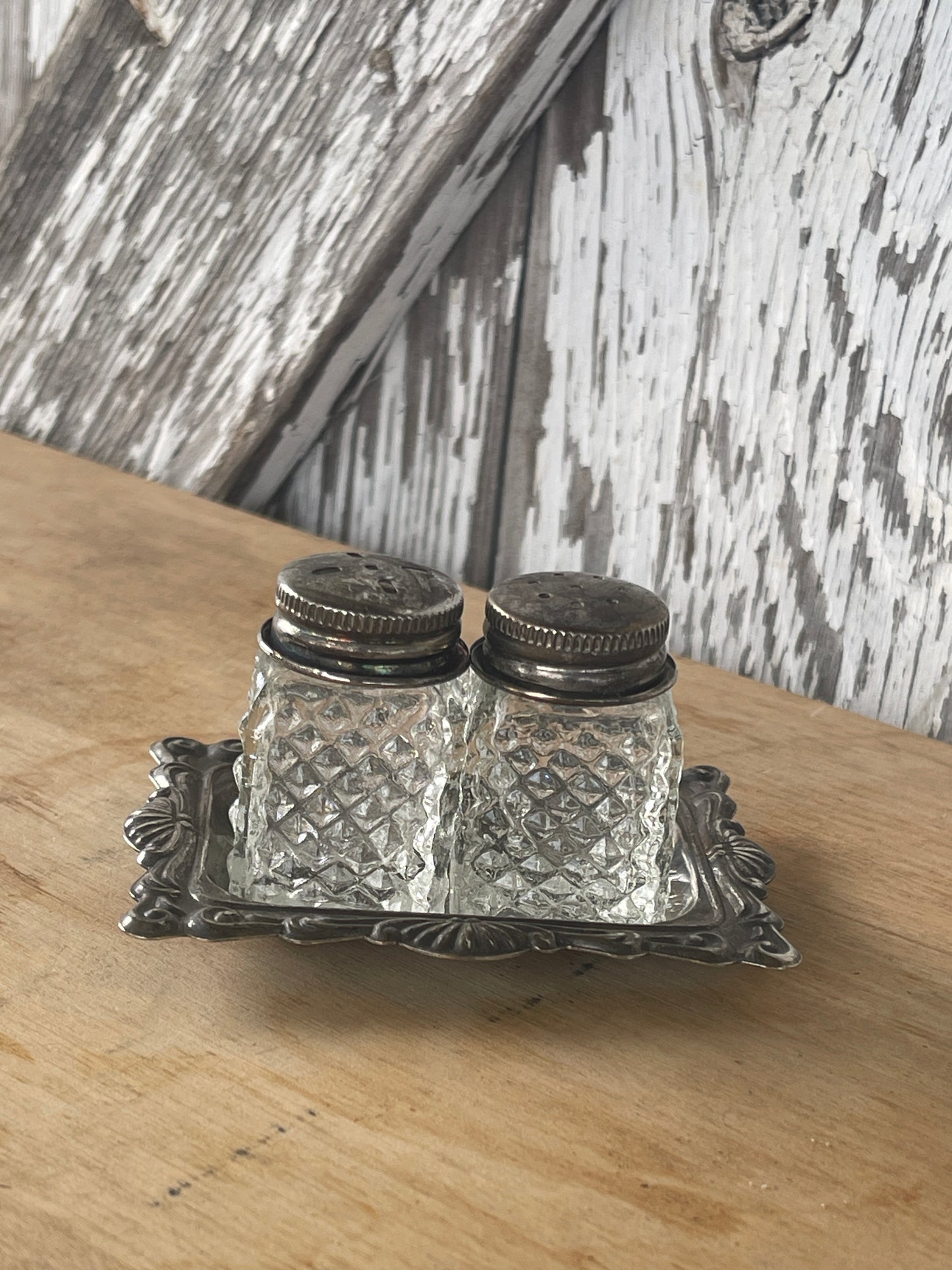 Silver Plated Tiny Tray with Glass Salt and Pepper Shakers - Hong Kong