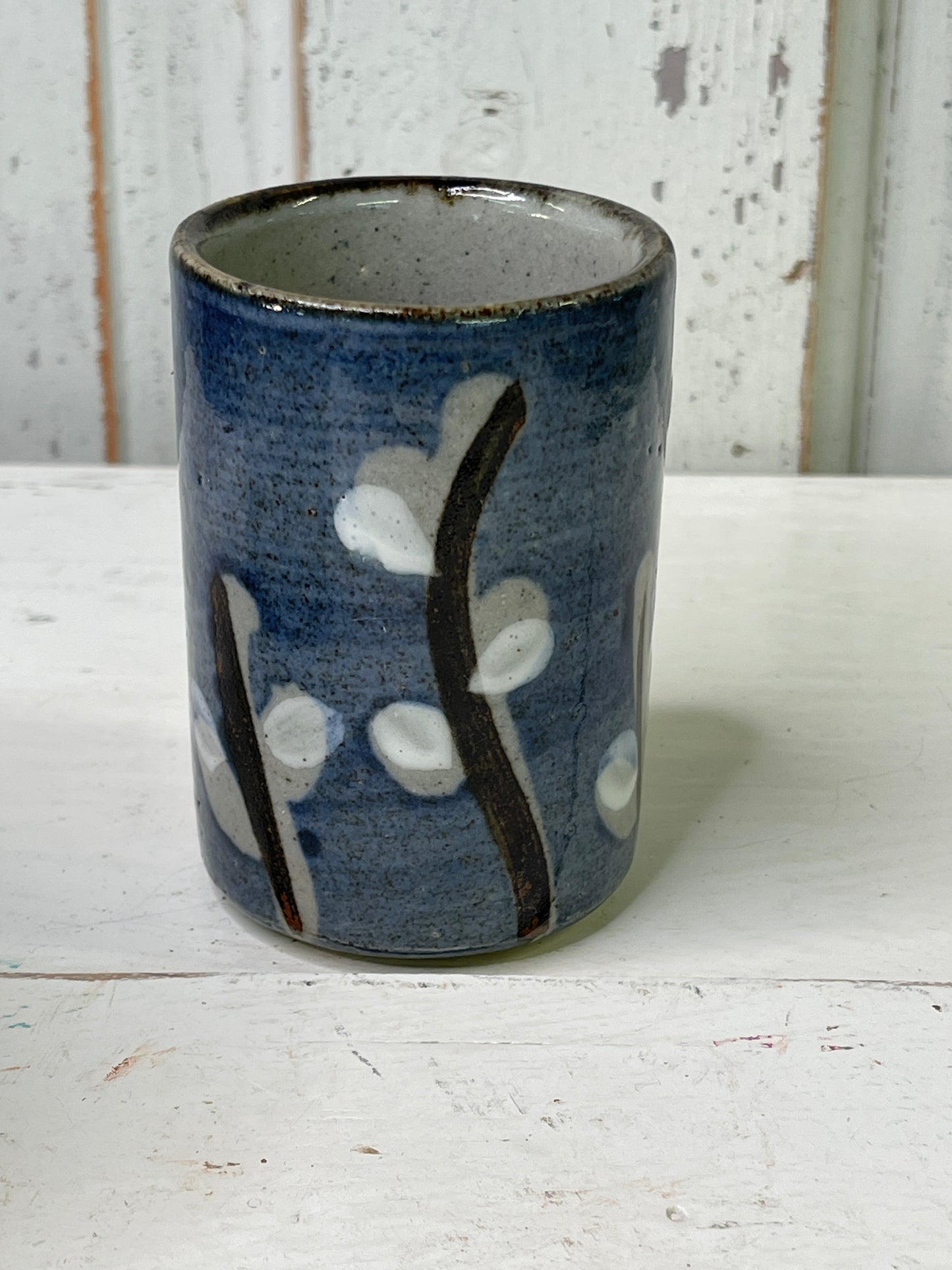 Blue Pottery Small Vase Blue with Pussy Willows