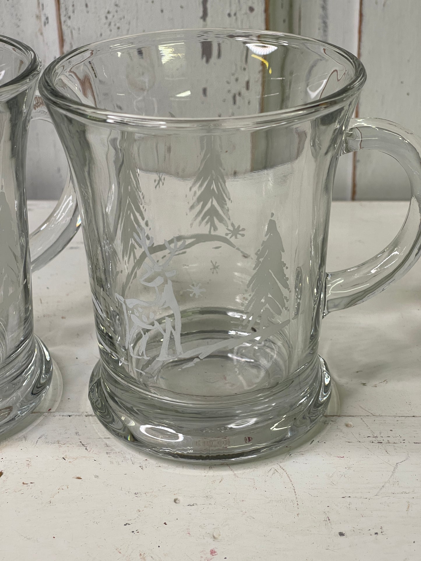 Set of 2 Glass Mugs with Handles Embossed with Deer and Trees | Christmas Decor