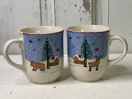 Set of 2 Pine Lodge Glass Mugs Deer, Bear, Cabin and Trees | Christmas Decor