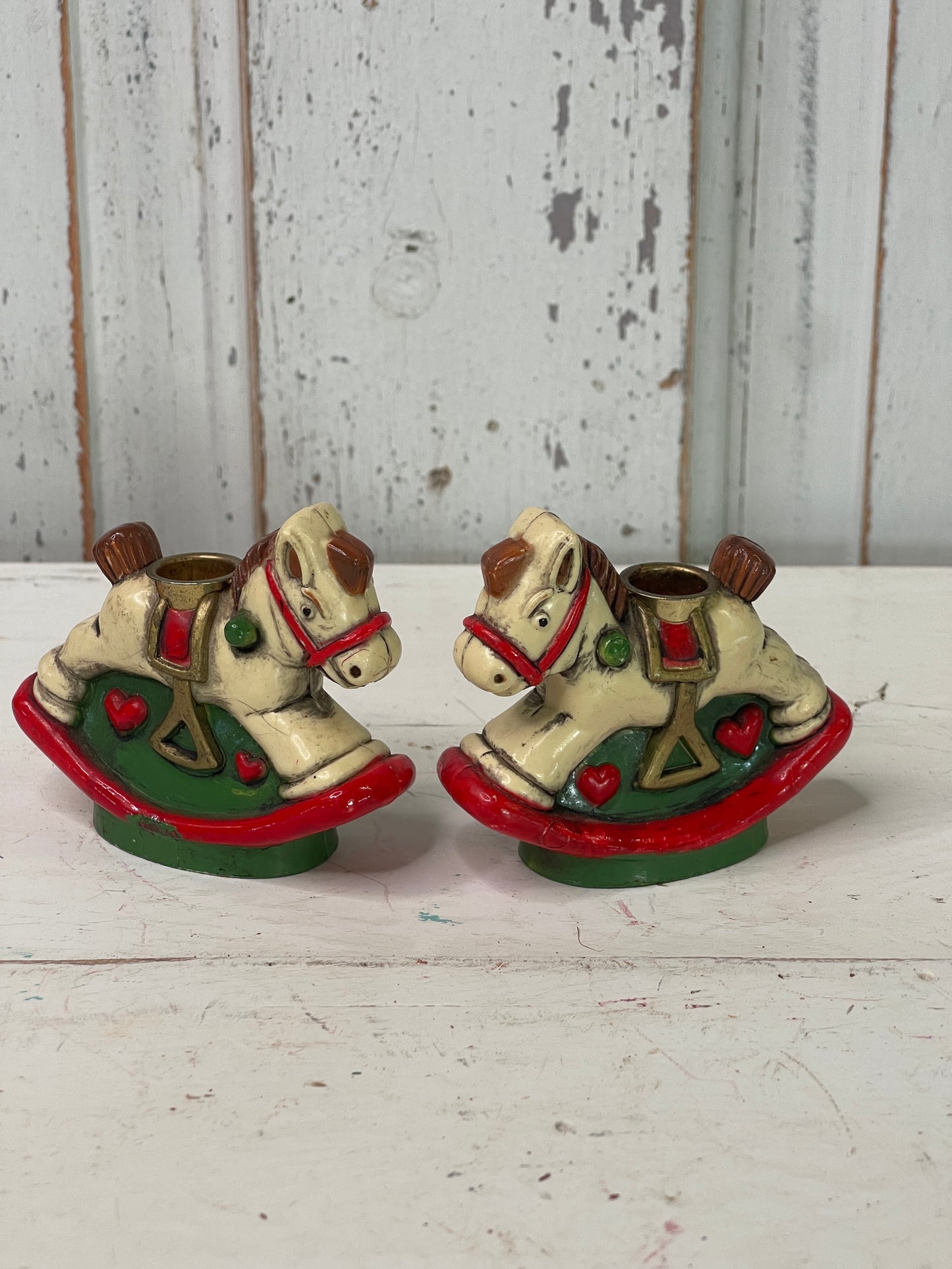 Vintage Holiday Memories Set of 2 Rocking Horse Mini Taper Candle Holder  | Christmas Decor