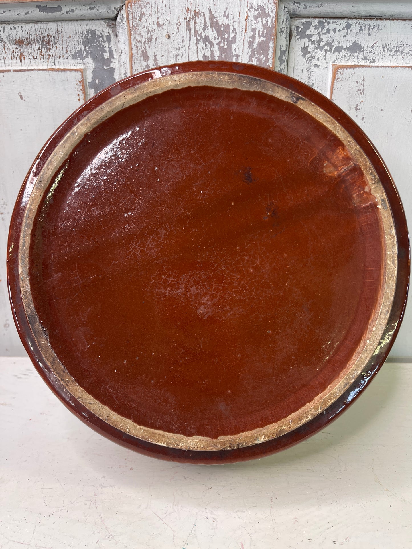 Vintage Brown Crock Shallow Bowl