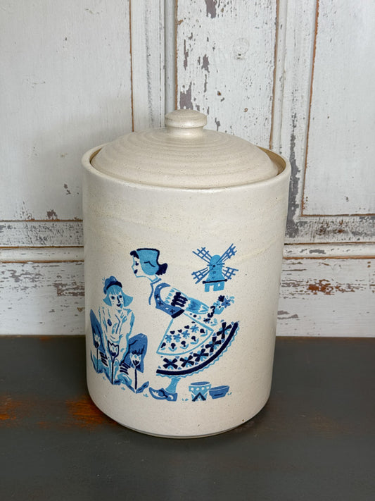 Vintage Turquoise Windmill Dutch Cookie Jar / Crock with Lid (C2)