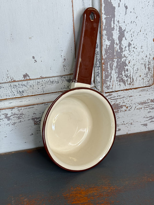 Vintage Enamel Beige and Brown Vintage Small Sauce Pan (C2)