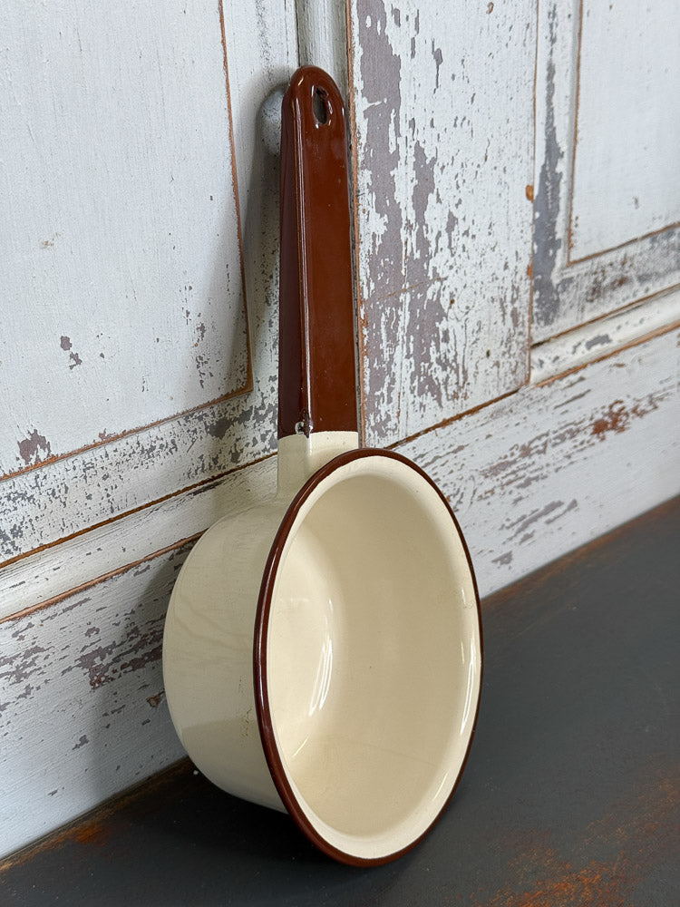 Vintage Enamel Beige and Brown Vintage Small Sauce Pan (C2)