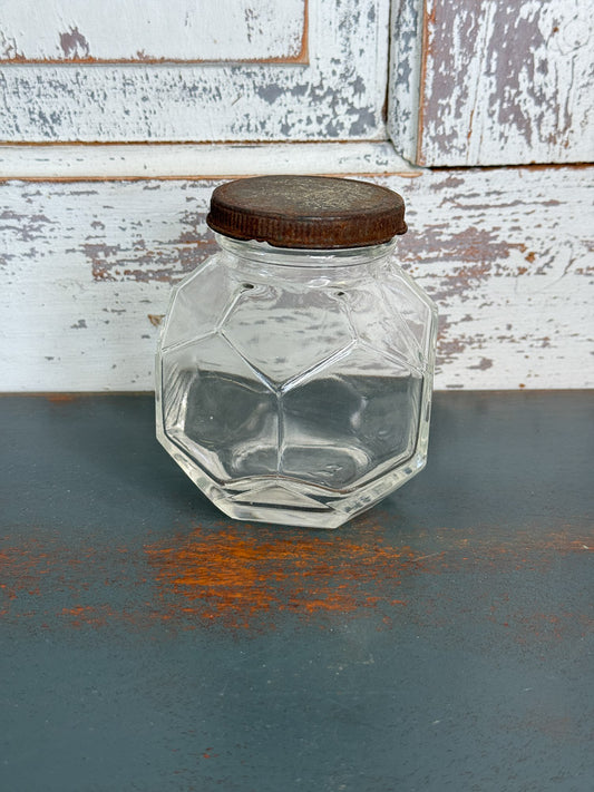 Vintage Octagon Clear Glass Jar with Metal Rusty Lid (C2)