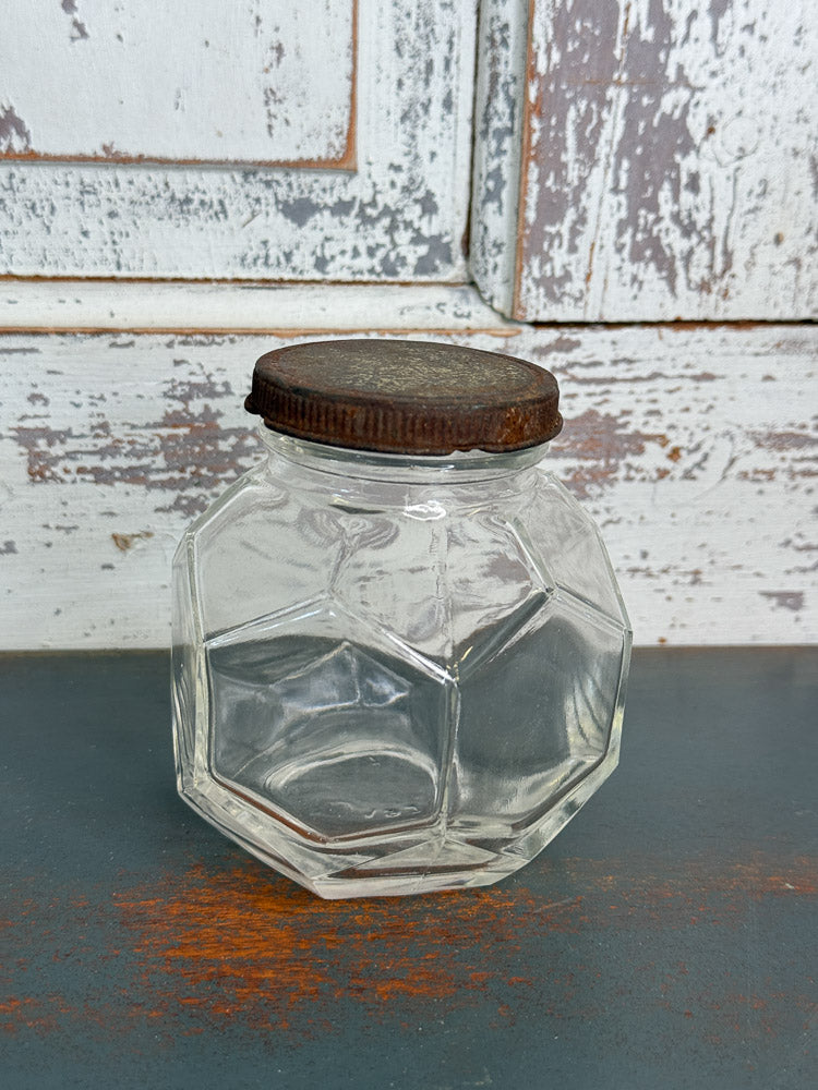 Vintage Octagon Clear Glass Jar with Metal Rusty Lid (C2)