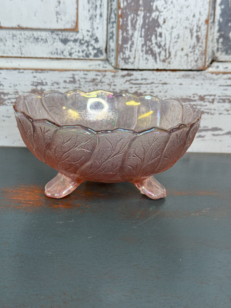 Vintage Pink Opalescent Glass Footed Bowl Acanthus Leaf Patter (C2)