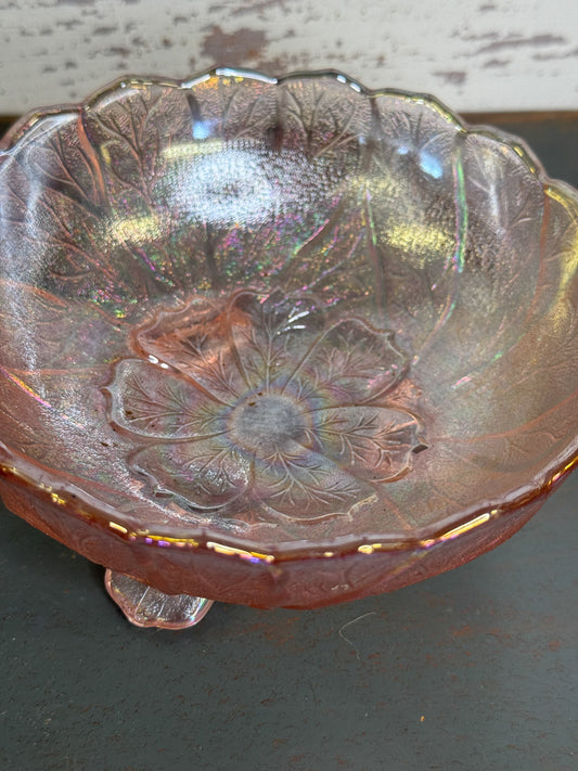 Vintage Pink Opalescent Glass Footed Bowl Acanthus Leaf Patter (C2)