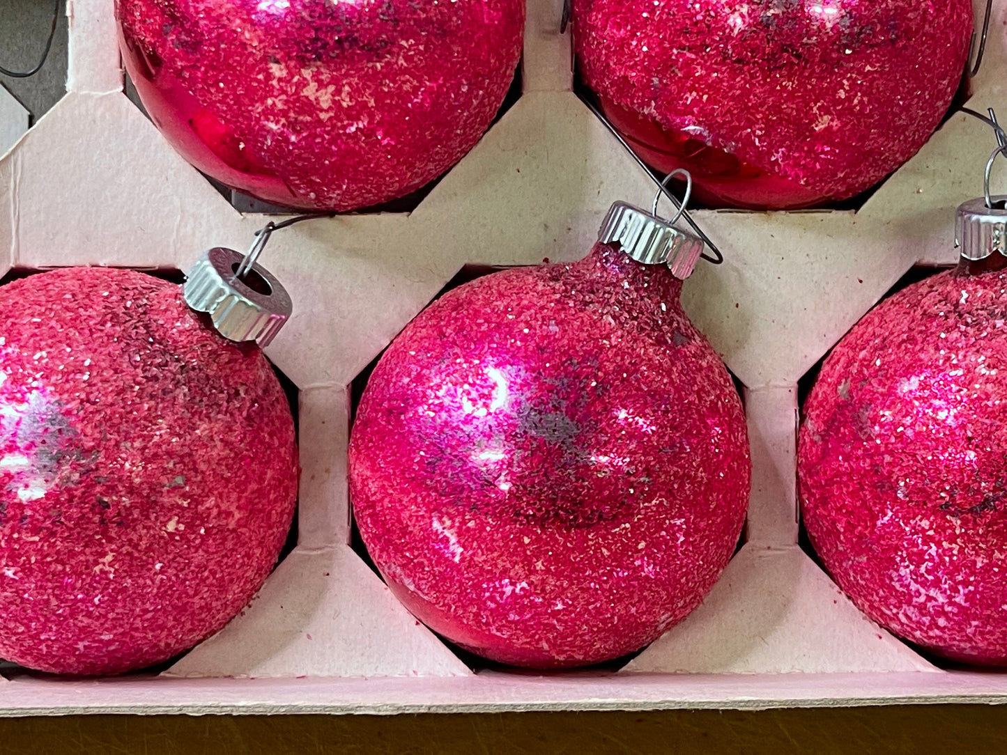 Shiny Bright Vintage Pink Glitter Snowball Ornaments